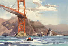 Golden Gate Bridge, by Jade Fon. An original watercolor on paper featuring a tug boat under the Golden Gate Bridge in San Francisco.  This painting is available as a fine art giclée printed in high-definition on premium watercolor paper. - CaliforniaWatercolor.com