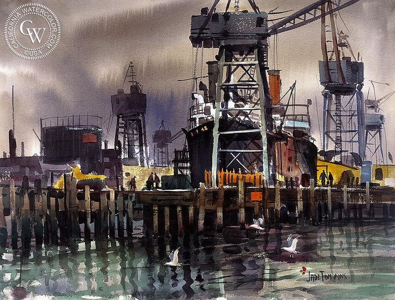 The Port, watercolor painting by Jade Fon  (American art). Fine art giclée print reproduction by California Watercolor for wall decor.