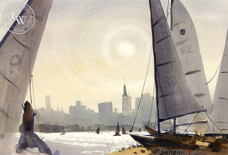 Thru the Fog, Lake Merritt, watercolor painting by Jade Fon  (American art). Fine art giclée print reproduction by California Watercolor for wall decor.