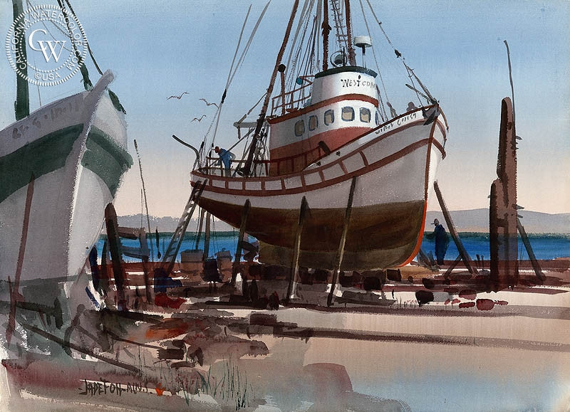 West Coast Drydock, watercolor painting by Jade Fon  (American art). Fine art giclée print reproduction by California Watercolor for wall decor.