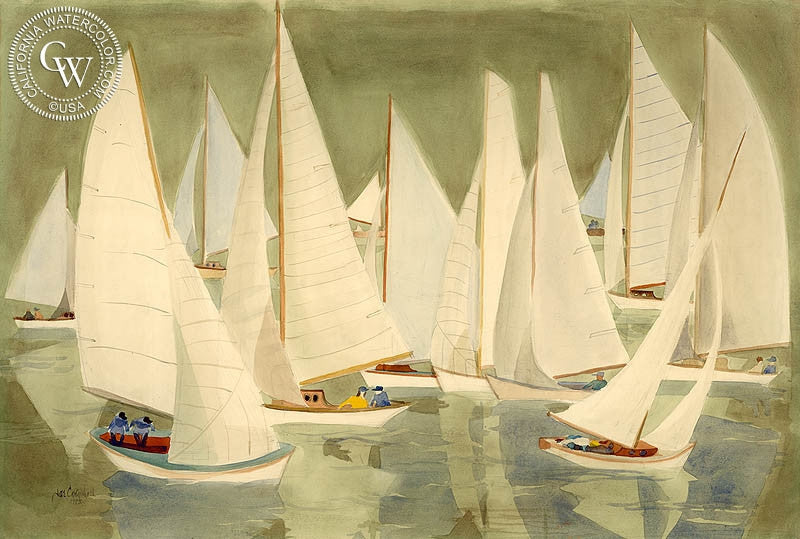 Newport Harbor, 1953, watercolor painting by Jae Carmichael (American art). Original watercolor painting by California Watercolor for wall decor.