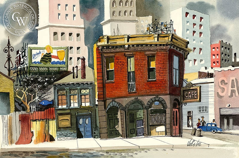 Aliso Street, L.A., 1952, watercolor painting by Jake Lee  (American art). Fine art giclée print reproduction by California Watercolor for wall decor.