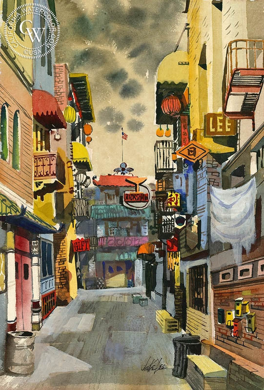 Chinatown Alley, c. 1940, watercolor painting by Jake Lee  (American art). Fine art giclée print reproduction by California Watercolor for wall decor.