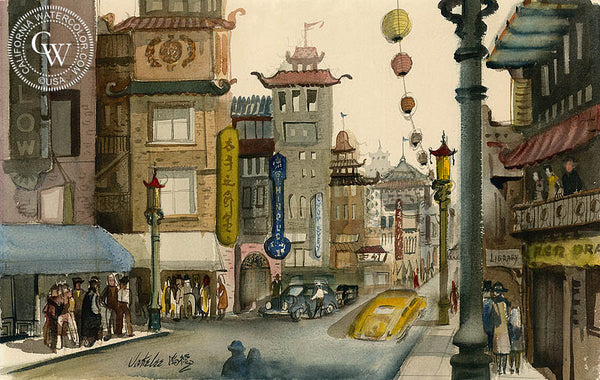 Chinatown, c. 1940's, California watercolor art by Jake Lee. HD giclee art prints for sale at CaliforniaWatercolor.com - original California paintings, & premium giclee prints for sale