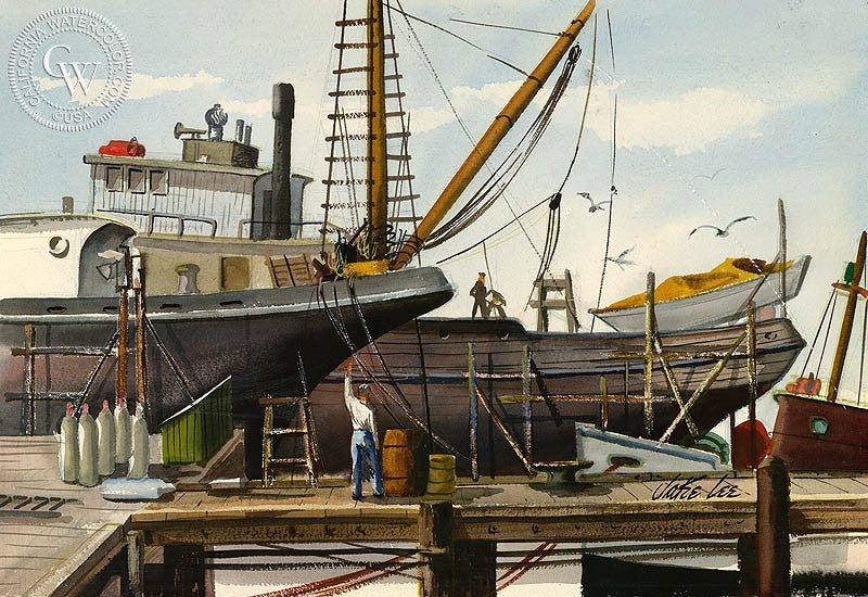 Drydock, watercolor painting by Jake Lee  (American art). Fine art giclée print reproduction by California Watercolor for wall decor.