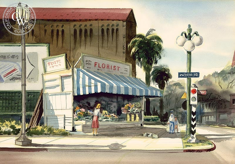 Florist, L.A., 1948, watercolor painting by Jake Lee  (American art). Fine art giclée print reproduction by California Watercolor for wall decor.