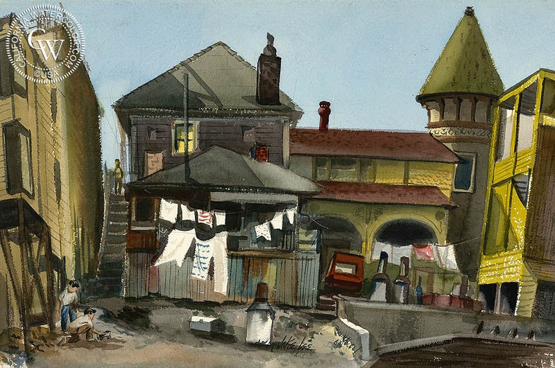 Laundry on the Street, S.F., c. 1938, watercolor painting by Jake Lee  (American art). Fine art giclée print reproduction by California Watercolor for wall decor.