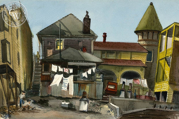 Laundry on the Street, S.F., c. 1938, California art by Jake Lee. HD giclee art prints for sale at CaliforniaWatercolor.com - original California paintings, & premium giclee prints for sale