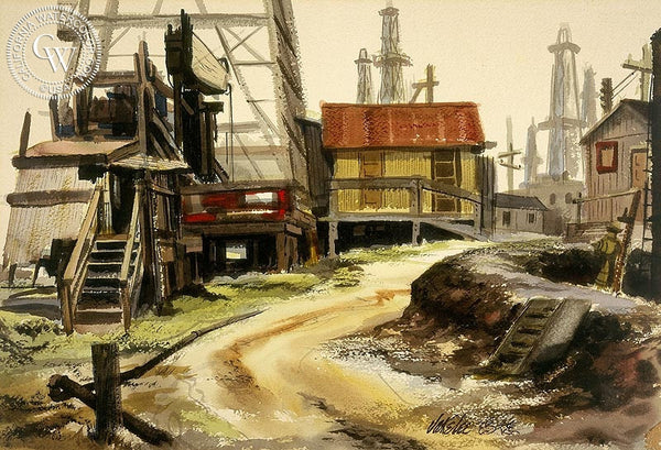 Oil Field, Signal Hill, c. 1940s, California art by Jake Lee. HD giclee art prints for sale at CaliforniaWatercolor.com - original California paintings, & premium giclee prints for sale