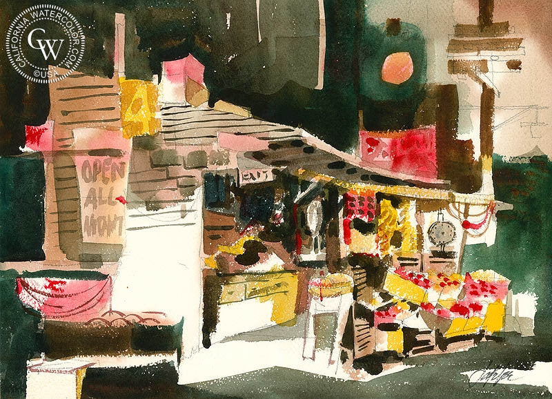 Open All Night, watercolor painting by Jake Lee  (American art). Fine art giclée print reproduction by California Watercolor for wall decor.