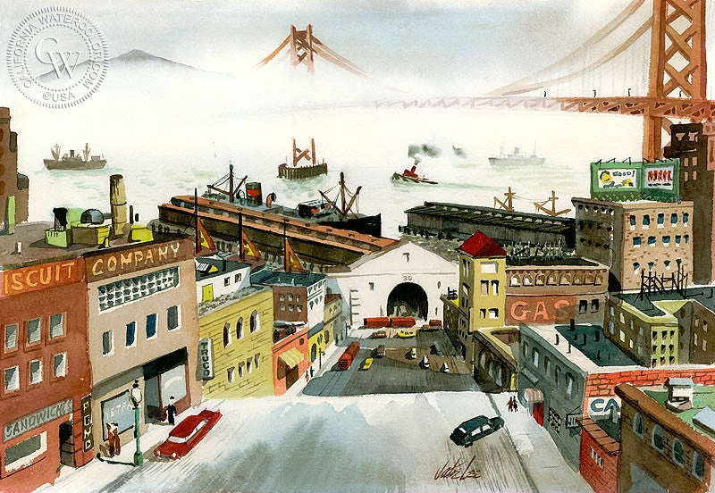 San Francisco, c. 1940s, watercolor painting by Jake Lee  (American art). Fine art giclée print reproduction by California Watercolor for wall decor.