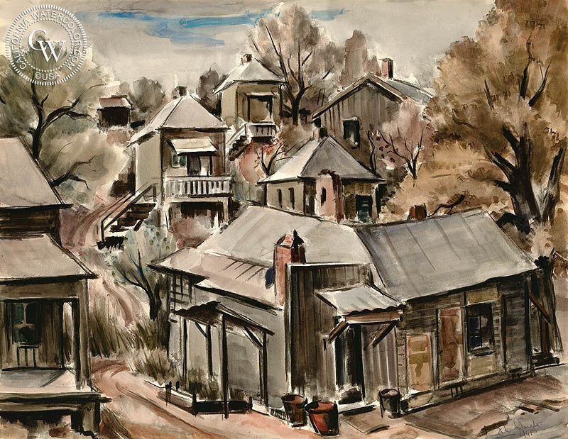 Chavez Ravine, 1941, watercolor painting by James Couper Wright  (American art). Fine art giclée print reproduction by California Watercolor for wall decor.