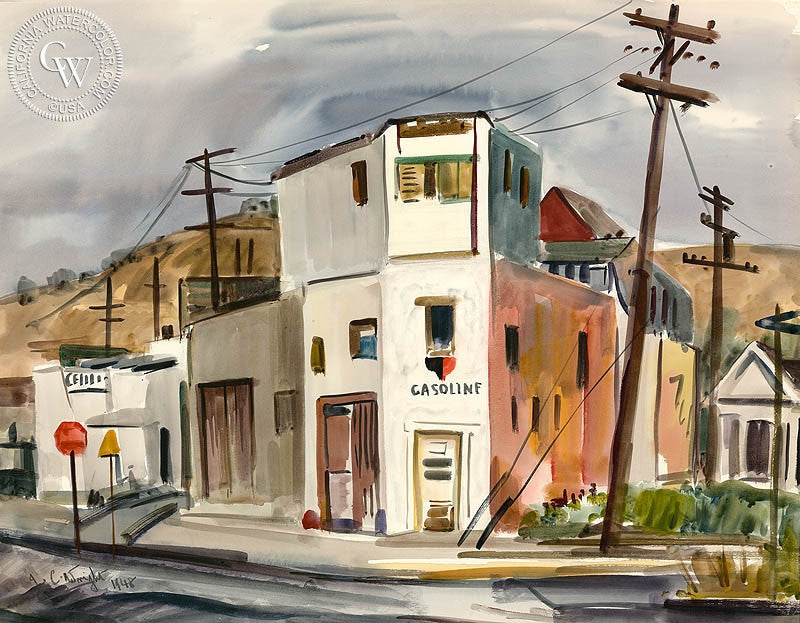Gasoline, 1948, watercolor painting by James Couper Wright  (American art). Fine art giclée print reproduction by California Watercolor for wall decor.