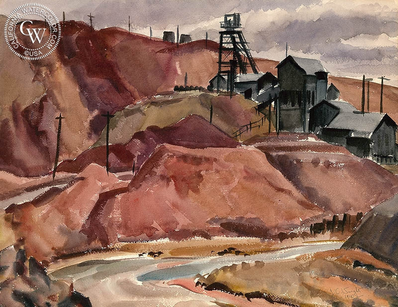 Mine, 1940, watercolor painting by James Couper Wright  (American art). Fine art giclée print reproduction by California Watercolor for wall decor.