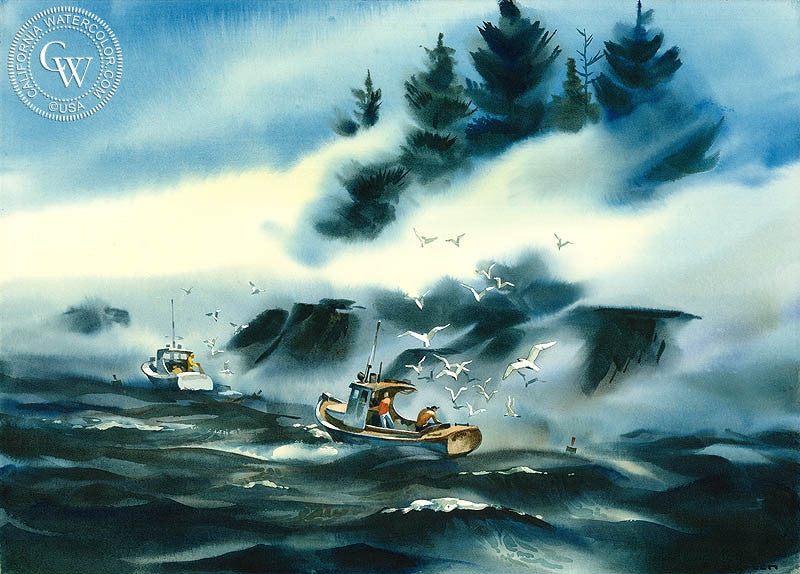 Fishing Along the Cliffs, watercolor painting by James Green  (American art). Fine art giclée print reproduction by California Watercolor for wall decor.
