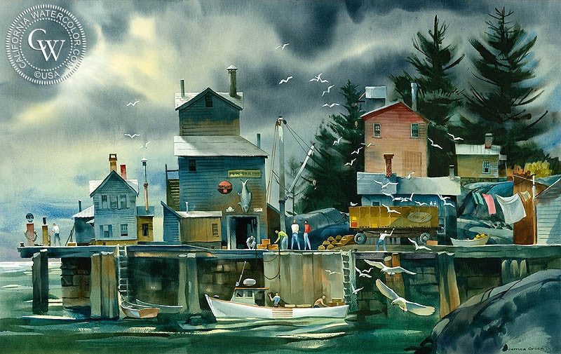 Lobster Season, Deer Isle Maine, watercolor painting by James Green  (American art). Fine art giclée print reproduction by California Watercolor for wall decor.