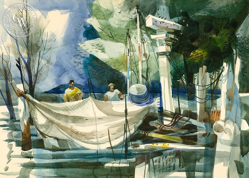 Repairing Nets, watercolor painting by James Green  (American art). Fine art giclée print reproduction by California Watercolor for wall decor.