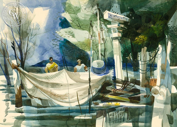 Repairing Nets, California art by James Green. HD giclee art prints for sale at CaliforniaWatercolor.com - original California paintings, & premium giclee prints for sale