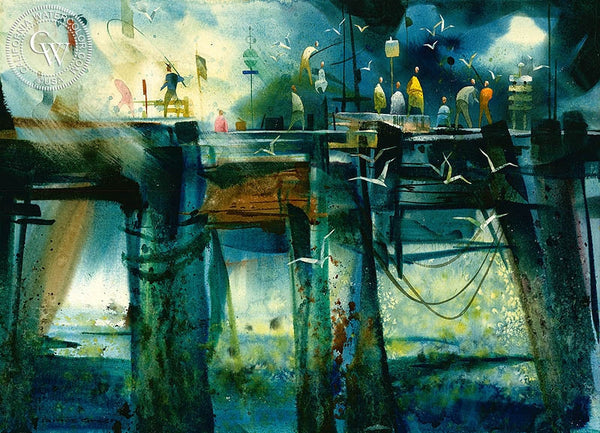 Night Owls at the Newport Pier, c. 1953, California art by James Green. HD giclee art prints for sale at CaliforniaWatercolor.com - original California paintings, & premium giclee prints for sale