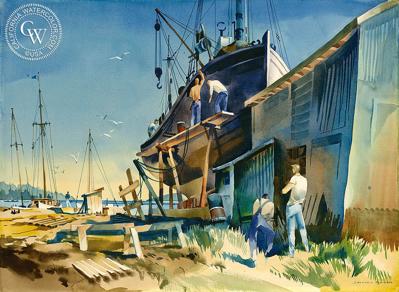 Painting the Hull, watercolor painting by James Green  (American art). Fine art giclée print reproduction by California Watercolor for wall decor.