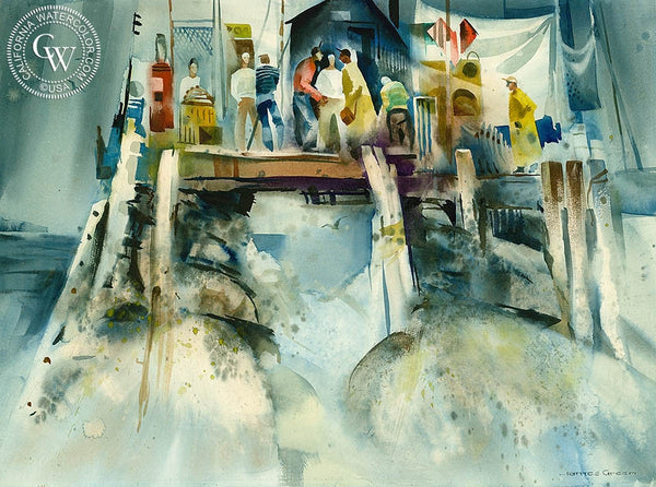 Pier Fishing, c. 1950's, California art by James Green. HD giclee art prints for sale at CaliforniaWatercolor.com - original California paintings, & premium giclee prints for sale