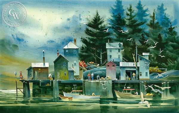 The Fishing Dock, Deer Isle Maine, c. 1992, California art by James Green. HD giclee art prints for sale at CaliforniaWatercolor.com - original California paintings, & premium giclee prints for sale