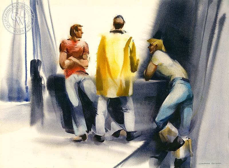 Three Fisherman, watercolor painting by James Green  (American art). Fine art giclée print reproduction by California Watercolor for wall decor.