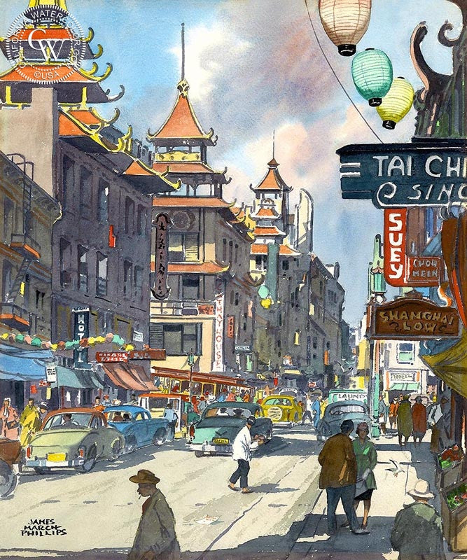 Chinatown, c. 1950s, watercolor painting by James March Phillips  (American art). Fine art giclée print reproduction by California Watercolor for wall decor.