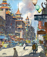 Chinatown, c. 1950s, California art by James March Phillips. HD giclee art prints for sale at CaliforniaWatercolor.com - original California paintings, & premium giclee prints for sale