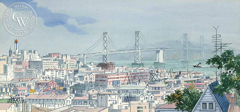 Impressions from Potrero Hill, San Francisco, watercolor painting by James March Phillips  (American art). Fine art giclée print reproduction by California Watercolor for wall decor.