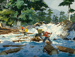 Log jam in the Rapids, c. 1950, California art by James March Phillips. HD giclee art prints for sale at CaliforniaWatercolor.com - original California paintings, & premium giclee prints for sale