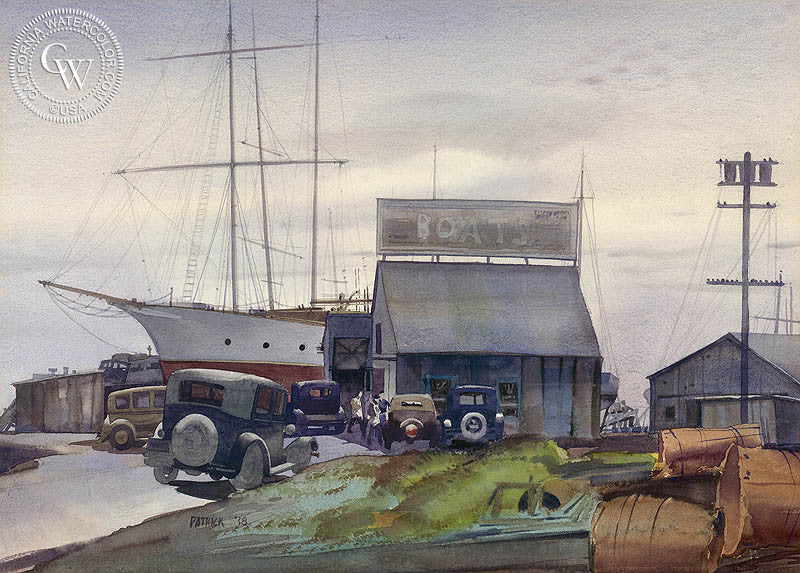 Boat Builders Yard, 1938, watercolor painting by James Hollins Patrick  (American art). Fine art giclée print reproduction by California Watercolor for wall decor.