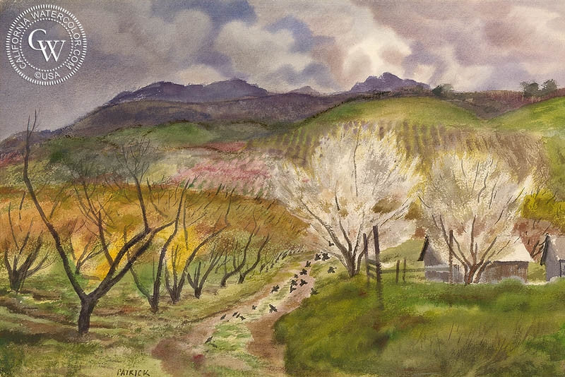 Calimesa Orchard, 17th Street, c. 1930s, watercolor painting by James Hollins Patrick  (American art). Fine art giclée print reproduction by California Watercolor for wall decor.