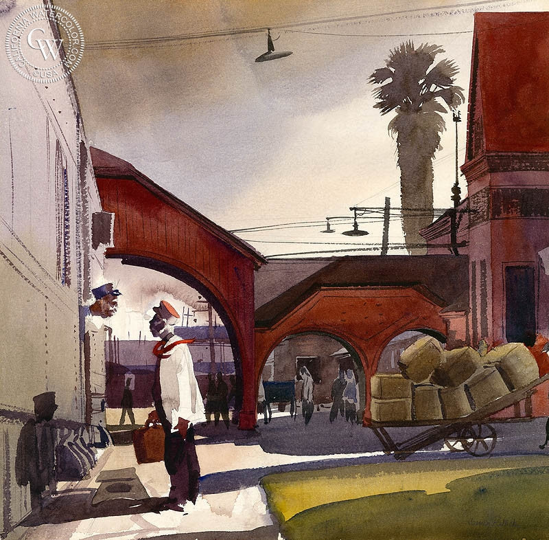 Red Cap Gossip, L.A., c. 1939, watercolor painting by James Hollins Patrick  (American art). Fine art giclée print reproduction by California Watercolor for wall decor.