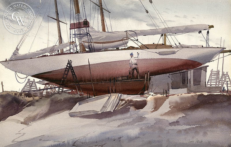 Spring Cleaning, 1937, watercolor painting by James Hollins Patrick  (American art). Fine art giclée print reproduction by California Watercolor for wall decor.