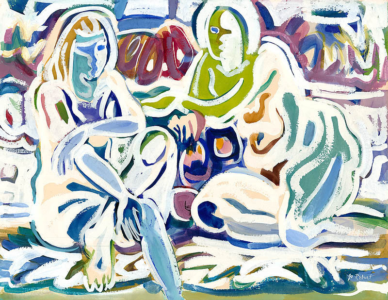 Garden Figures, watercolor painting by Jo Rebert  (American art). Fine art giclée print reproduction by California Watercolor for wall decor.