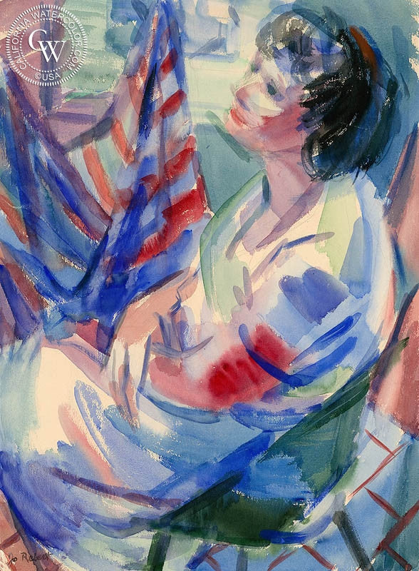 Sitting, watercolor painting by Jo Rebert  (American art). Fine art giclée print reproduction by California Watercolor for wall decor.