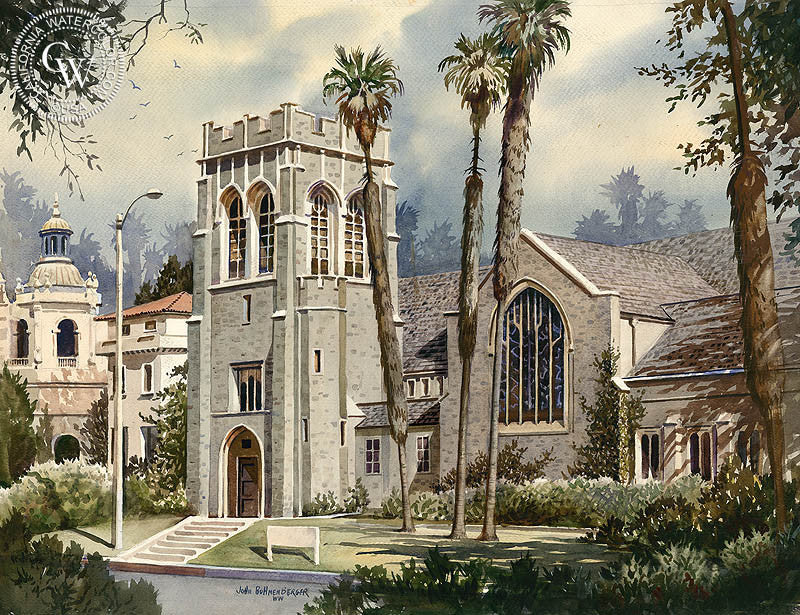 All Saints Church in Pasadena, CA, watercolor painting by John Bohnenberger  (American art). Fine art giclée print reproduction by California Watercolor for wall decor.