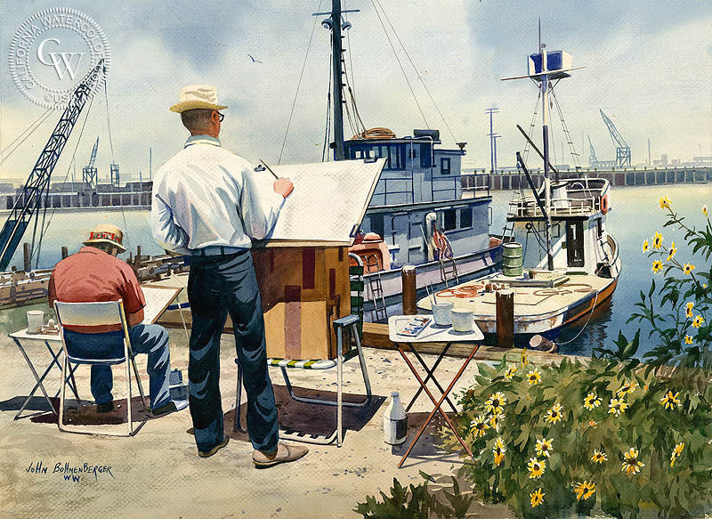 Artists at Work, watercolor painting by John Bohnenberger  (American art). Fine art giclée print reproduction by California Watercolor for wall decor.