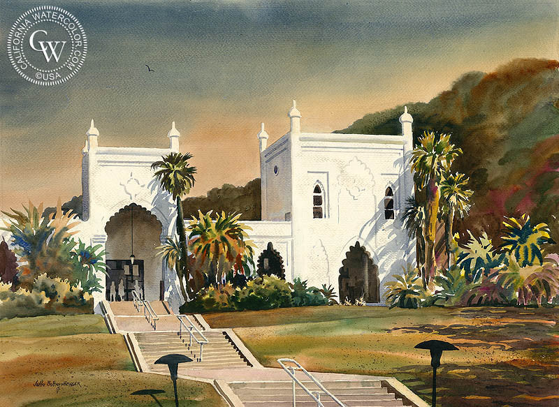 Brand Library and Art Center, Glendale, CA, watercolor painting by John Bohnenberger  (American art). Fine art giclée print reproduction by California Watercolor for wall decor.