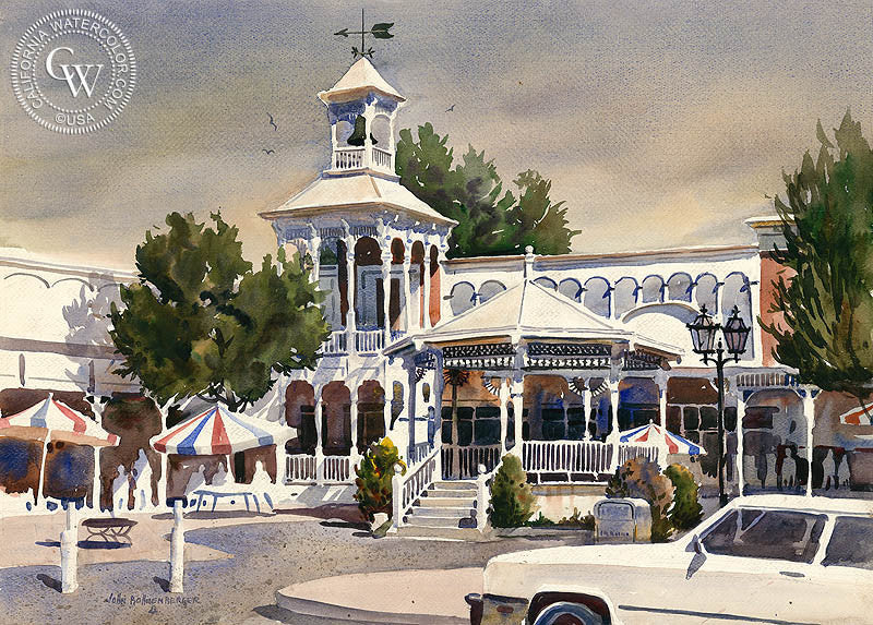 Downtown, watercolor painting by John Bohnenberger  (American art). Fine art giclée print reproduction by California Watercolor for wall decor.