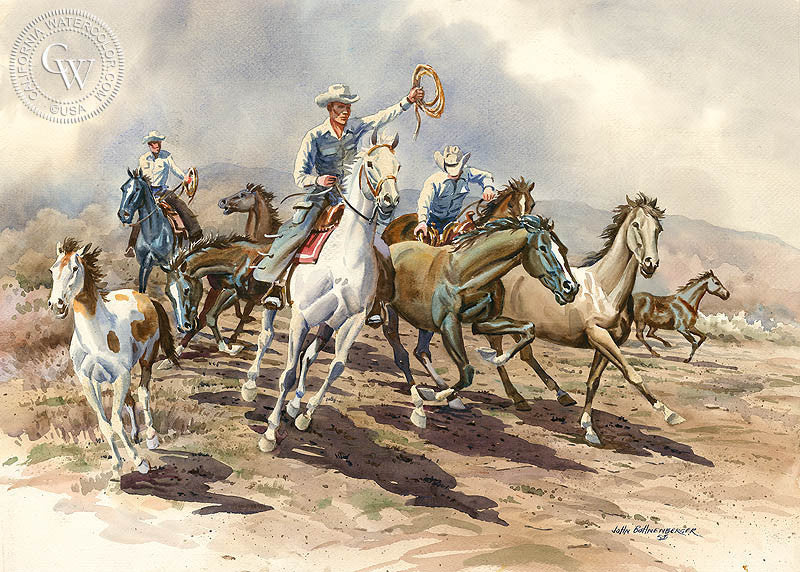 Dusty Trails, watercolor painting by John Bohnenberger  (American art). Fine art giclée print reproduction by California Watercolor for wall decor.