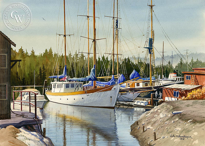 Empty Masts, watercolor painting by John Bohnenberger  (American art). Fine art giclée print reproduction by California Watercolor for wall decor.
