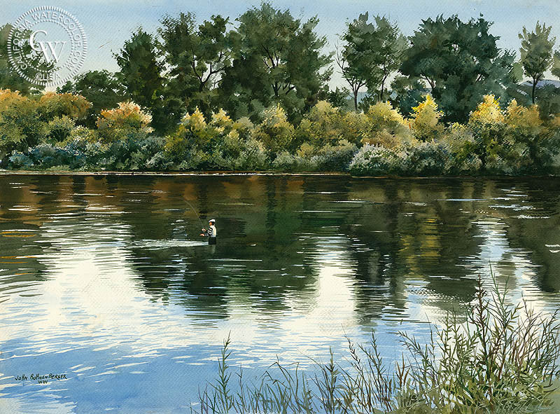 Fly Fishing, watercolor painting by John Bohnenberger  (American art). Fine art giclée print reproduction by California Watercolor for wall decor.