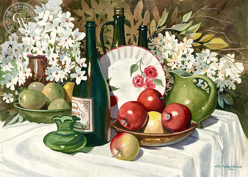 Fruit, Wine, and Flowers, watercolor painting by John Bohnenberger  (American art). Fine art giclée print reproduction by California Watercolor for wall decor.