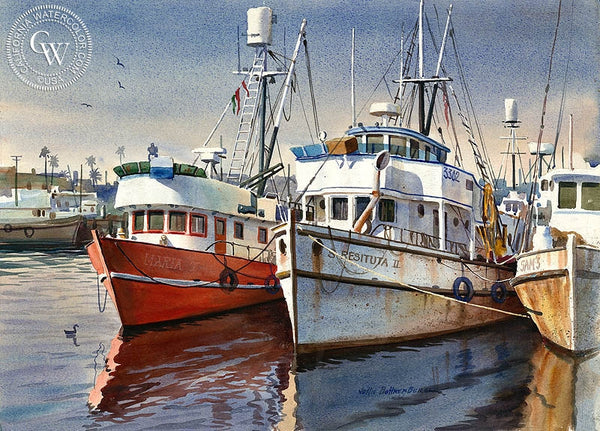Harbor Boats, California art by John Bohnenberger. HD giclee art prints for sale at CaliforniaWatercolor.com - original California paintings, & premium giclee prints for sale