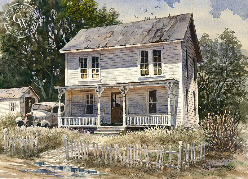 House of Old Memories, (Halloween House), watercolor painting by John Bohnenberger  (American art). Fine art giclée print reproduction by California Watercolor for wall decor.