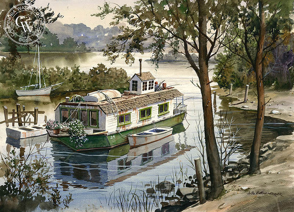 Houseboat, California art by John Bohnenberger. HD giclee art prints for sale at CaliforniaWatercolor.com - original California paintings, & premium giclee prints for sale