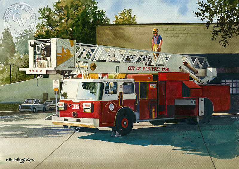 Monterey Park Fire Engine, watercolor painting by John Bohnenberger  (American art). Fine art giclée print reproduction by California Watercolor for wall decor.