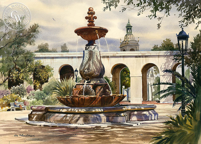 Pasadena City Hall Fountain, Watercolor art by John Bohnenberger